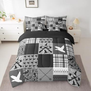 Imagem de Conjunto de cama de 7 peças de pato camuflado, cama de caça de pato em uma bolsa, conjunto de cama xadrez de búfalo camuflado inclui edredom, conjunto de lençóis, fronhas e fronhas, decoração de