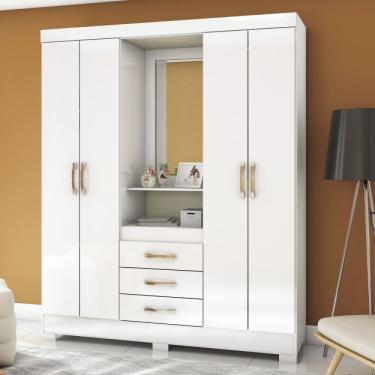 Imagem de Guarda Roupa Casal com Espelho 4 Portas 3 Gavetas Flex Color Briz Branco/branco/rosa