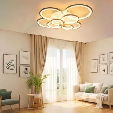 Imagem de Luminária de teto pendente moderna com 8 anéis de LED, preta, com controle remoto, 3 cores ajustáveis, formato redondo, ideal para sala de estar, cozinha, ilha e quarto (preta, 8 lâmpadas).