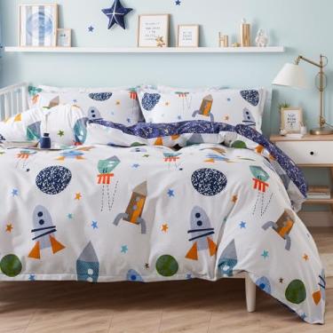 Imagem de Brandream Jogo de cama infantil tamanho casal 100% algodão menino menina espaço galáxia conjunto de capa de edredom 4 peças (capa de edredom + lençol com elástico + fronhas)