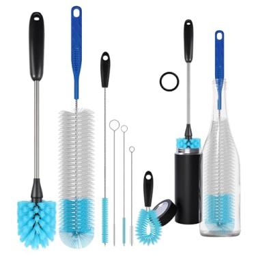 Imagem de Conjunto de 7 escovas de limpeza de garrafa de água de aço inoxidável com cabo longo para limpeza de garrafas de cerveja de pescoço estreito, canecas, copos de café, copos de vinho, tampas de tubo,