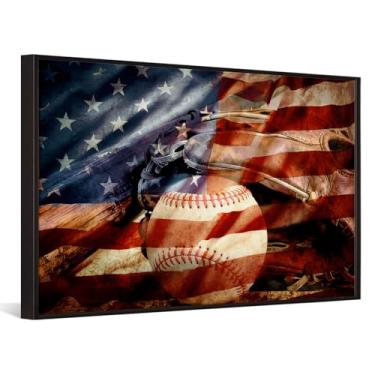 Imagem de iKNOW FOTO Arte em tela esticada vintage de beisebol e bandeira americana de 61 x 91 cm com moldura flutuante preta para decoração de casa, escritório ou sala de esportes pronta para pendurar