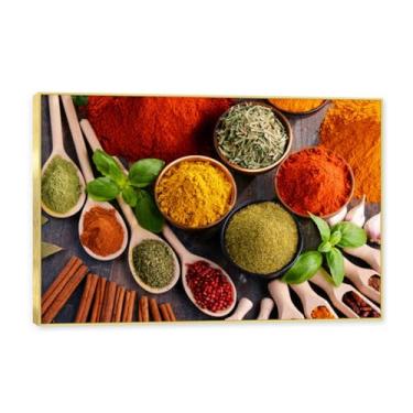 Imagem de NHLDZYH Moldura dourada. Arte de parede em tela de especiarias coloridas e colher de tempero | Decoração de cozinha vintage | Arte moderna para casa e sala de jantar. C53. 40 x 60 cm - 15,8 x 23,7 pol
