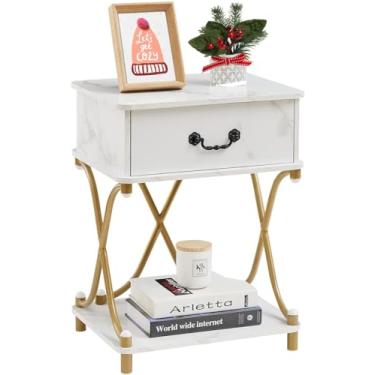 Imagem de VECELO Mesas de cabeceira brancas e douradas com gaveta para mesa de cabeceira com armazenamento e prateleira aberta para sala de estar, estilo moderno