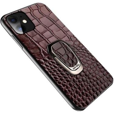 Imagem de BKUANE Capa para Apple iPhone 12 (2020) 6,1 polegadas, capa traseira de telefone à prova de choque de couro com padrão de crocodilo com suporte magnético para motorista (cor: marrom)