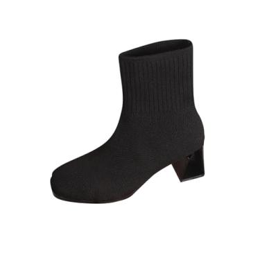 Imagem de Botas de cano curto de malha com bico redondo e salto alto para uso diário casual feminino, Preto, 38