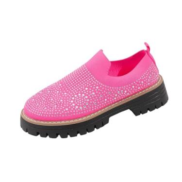 Imagem de Sapatos femininos de salto médio, bico redondo, respirável com strass, casual, malha confortável, Rosa choque, 39