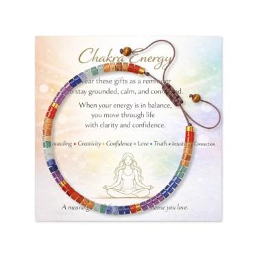 Imagem de Long tiantian Pulseira feminina de 7 chacras com contas coloridas estilo chacra com cordão ajustável, joia de equilíbrio simbólico com cartão de significado, Large, Pedra, Sem Pedra Preciosa