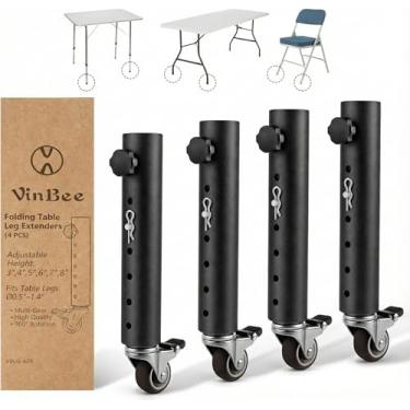 Imagem de VinBee Pacote com 4 extensores de perna de mesa ajustáveis com rodas, elevadores de móveis de metal de 27,4 cm de 6 níveis para mesas e mesas dobráveis, pernas de extensão de altura para escritório em