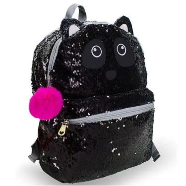 Imagem de Mochila Panda Lantejoulas Paetê Escolar Pompom Clio Original, Preta/Br