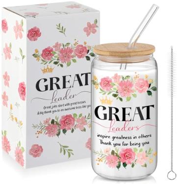 Imagem de Mumufy Presentes para mulheres copo de vidro de 473 ml com tampa de bambu e canudo, presente espiritual estético para mulheres, mãe, melhor amiga, dia das mães, aniversário, presentes de Natal (chefe)