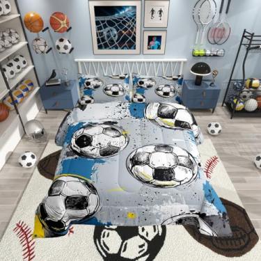 Imagem de Erosebridal Conjunto de edredom de futebol, solteiro, para meninos, crianças, adolescentes, jogos de bola, esportes, amarelo, azul, cinza, graffiti, pinceladas decorativas, enchimento, edredom