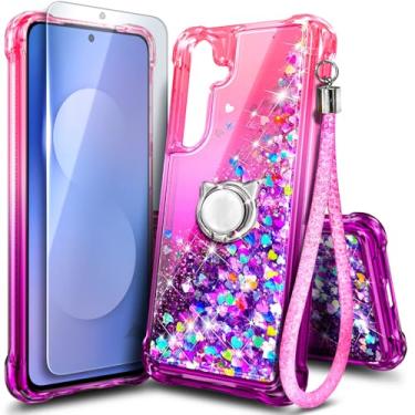Imagem de Capa NGB projetada para Samsung Galaxy S25-FE, rosa/roxo | Capa fofa com glitter líquido brilhante para mulheres e crianças | com protetor de tela, suporte de anel e cordão de pulso