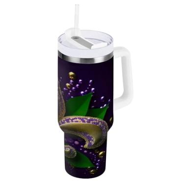 Imagem de Blueangle Copo isolado para Mardi Gras de 1,134 g com alça e tampa de palha, caneca de viagem reutilizável de aço inoxidável (254)