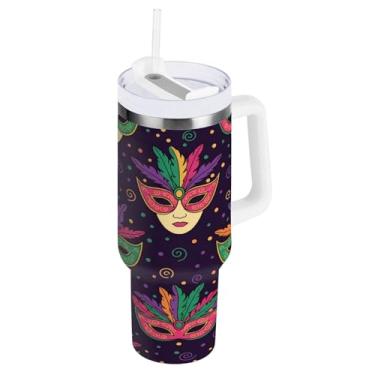 Imagem de Blueangle Copo isolado de máscara de carnaval de 850 g com alça e tampa de palha, caneca de viagem reutilizável de aço inoxidável (684)