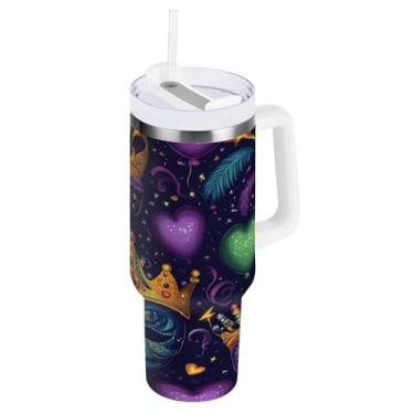 Imagem de Blueangle Copo isolado de máscara colorida de carnaval de 850 g com alça e tampa de palha, caneca de viagem reutilizável de aço inoxidável (186)