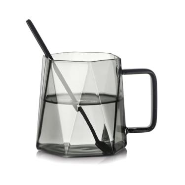 Imagem de Copo de vidro diamante de 440 g com colher, canecas de vidro borossilicato preto com alça