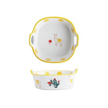Imagem de x3anggyt5 Assadeira, fritadeira, tigelas de panificação, tigela de cerâmica de orelha dupla para uso doméstico, prato especial, tigela de sopa, utensílios de mesa, caçarola para forno (amarelo)