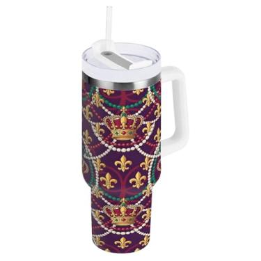 Imagem de Blueangle Copo isolado com coroa de carnaval de 1,134 g com alça e tampa de palha, caneca de viagem reutilizável de aço inoxidável (872)