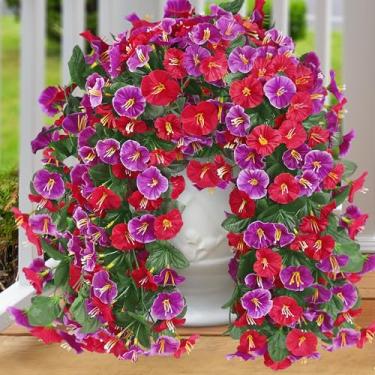 Imagem de Plantas artificiais falsas para pendurar ao ar livre, decoração de primavera, verão, 4 peças, seda sintética, resistente a UV, glória da manhã, realista, trepadeiras para varanda e varanda (rosa