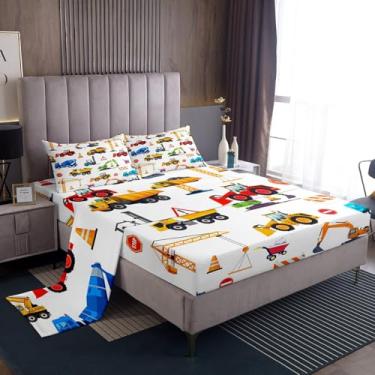 Imagem de Feelyou Jogo de lençol solteiro de veículos de construção, branco, escavadeira, com bolso alto, caminhões, 3 peças, 1 fronha