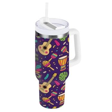 Imagem de Blueangle Copo isolado carnaval carnaval 1,134 g com alça e tampa de palha, caneca de viagem reutilizável de aço inoxidável (1019)
