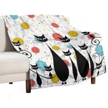 Imagem de Cobertor moderno de meados do século, cobertor de flanela de geometria abstrata retrô de gato preto atômico dos anos 1950 para sala de estar, sofá-cama, ao ar livre, todas as estações, 76 x 101 cm