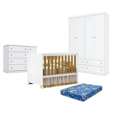 Imagem de Quarto De Bebê Americano 4 Portas Com Berço Americano Katatau Branco Acetinado Savana - Reller - Henn E Colchão Tendtudo
