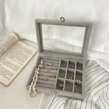 Imagem de Organizador Porta Jóias e Bijuterias Veludo Com Tampa Visor Vidro Médi