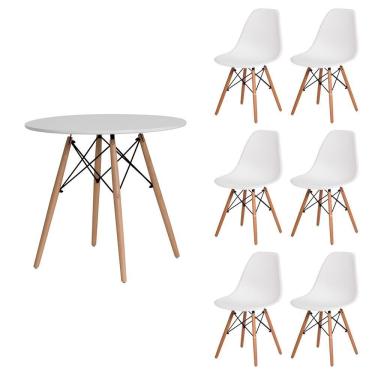Imagem de Kit Mesa Redonda De Jantar Para 6 Lugares Com 6 Cadeiras Charles Eames Eiffel Branco