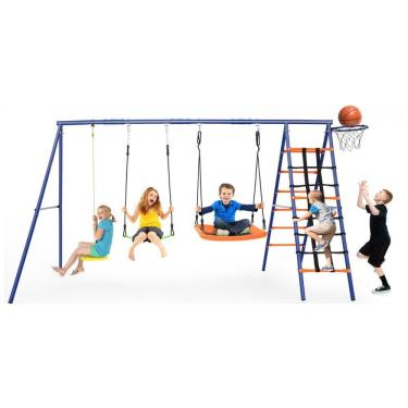 Imagem de Balanço Infantil 6 em 1 SIHANM Multijogos Colorido Metal Reforçado com 3 Assentos Ajustáveis, Escada, Rede, Cesta de Basquete