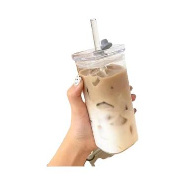 Imagem de Copo De Café De Vidro Resistente Ao Calor De 400ML Com Tampa E Canudo,