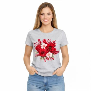 Imagem de Camiseta Feminina Estampada Rosa Flores Vermelhas Premium-Feminino