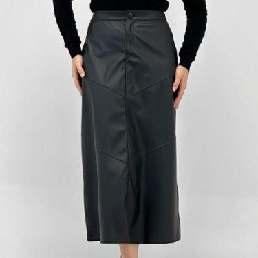 Imagem de Saia Doce Trama Midi em P.u Feminina, M, Preto