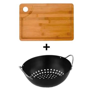 Imagem de Kit Tábua Corte Carne Churrasco Bambu 33x23 + Grelha Redonda Funda Per