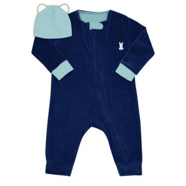 Imagem de Macacão plush azul marinho e touca azul claro ursinho Kiko Baby, P