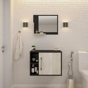 Imagem de Conjunto para Banheiro Gabinete e Espelheira Soft 600 Preto Ônix e Snow