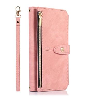 Imagem de Capa para iPhone 13 Pro Max/13 Pro/13/13 Mini, capa carteira de couro premium flip com 9 compartimentos para cartão com suporte com alça no pescoço, corrente transversal na gola, rosa, 13 Pro Max 17 cm