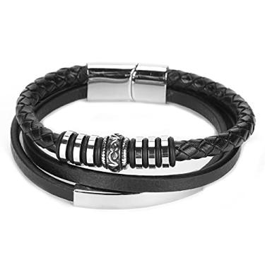 Imagem de Pulseira masculina pulseira de couro de aço inoxidável preta pulseira de aço inoxidável pulseira bracelete de couro PU fecho magnético