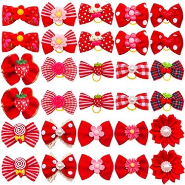 Imagem de JpGdn 30 peças/15 pares de laços de pelo de cachorro com elásticos de cabelo de filhote laço nó superior elástico vermelho para menina cachorro feminino gato coelho poodle acessórios de higiene de animais de estimação
