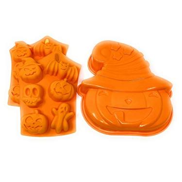 Imagem de O conjunto de moldes de silicone de Halloween inclui uma forma de abóbora e 2 moldes de Halloween: abóbora com chapéu de bruxa, fantasma, caveira, morcego para doces, bolos, cubos de gelo, bombas de banho, decorações elegantes (cores variam)