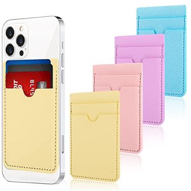 Imagem de 4 peças porta-cartão de telefone adesivo couro PU capa de telefone cartão de telefone bolso identidade cartão de crédito carteira capa de telefone bolsa para a maioria dos smartphones e traseira do te