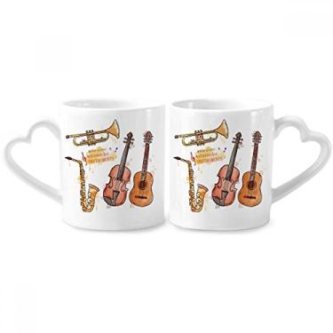 Imagem de Conjunto de canecas de porcelana para casais, instrumentos de guitarra musical, padrão aquarela, coração