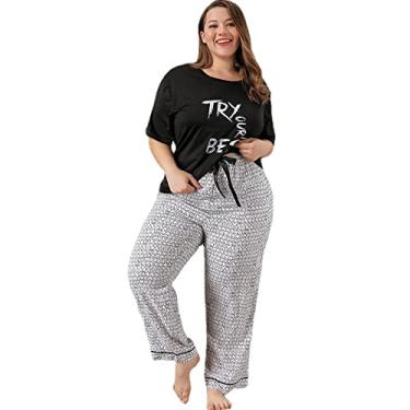 Imagem de Conjunto de pijama Loungewear estampado de algodão ultramacio conjunto de pijama feminino camisola confortável de duas peças plus size, preto/branco, 2GG (75kg)