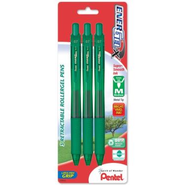 Imagem de Pentel, Caneta de gel líquido retrátil EnerGel-X, 0,7 mm, linha média, ponta de metal, tinta verde, pacote com 3