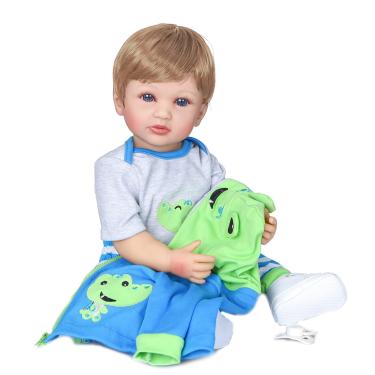 Imagem de Boneca Bebe menino,22"55cm Bebê Reborn de silicone original,Olhos abertos reborn baby realista com genitales traje azul garrafa, chupeta silicone sólido molinho corpo inteiro lavável,Loiro