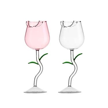 Imagem de LUZLED Taças de vinho de flor rosa, conjunto de 2 taças de vinho tinto criativas, taças de cálice de rosa transparente, taça de flor de rosa, copo de suco de coquetel de vinho para festa de casamento e bar
