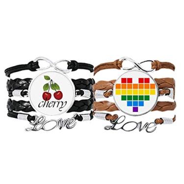 Imagem de DIYthinker Arco-íris Gay Lésbica Pequena Caixa Coração LGBT Pulseira de Mão Corda de Couro Cereja Amor Conjunto Duplo