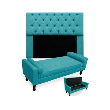 Imagem de Kit Cabeceira Estofada Mirage E Recamier Baú Fenix Solteiro 90 cm Suede Azul Turquesa - LM DECOR