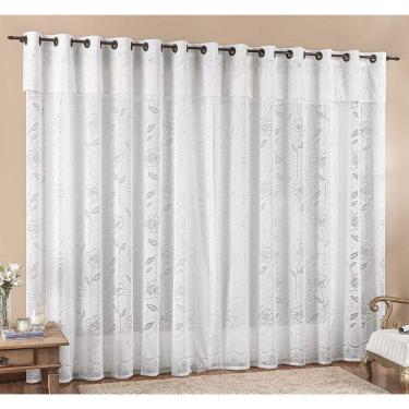 Imagem de Cortina Luna 3,00M X 2,50M Branca Tecido Renda Floral Leve Para Sala Ou Quarto